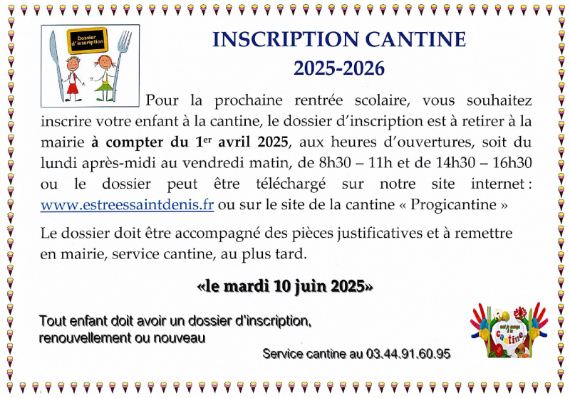 A compter du 1er avril : Inscription  Cantine Scolaire